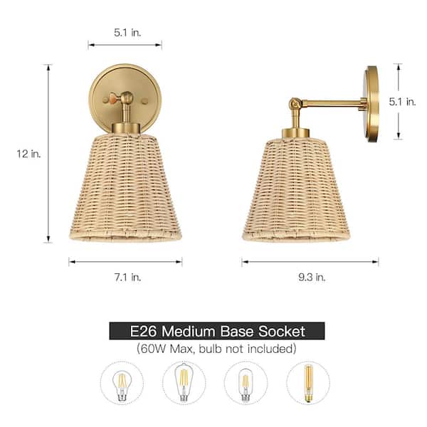 Adella 1-Light Brass Boho Natural Rattan Hardwired Wall Sconce with Adjustable Swivel Swing Arm