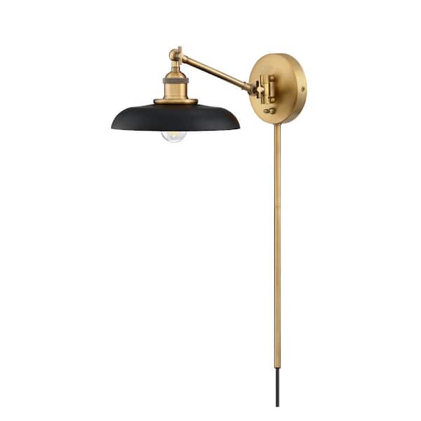Theodore 9 in. W 1-Light Vintaged Brass/Matte Black Industrial Wall Mounted Plugin Lamp Wall Sconce with Wide Bell Shade