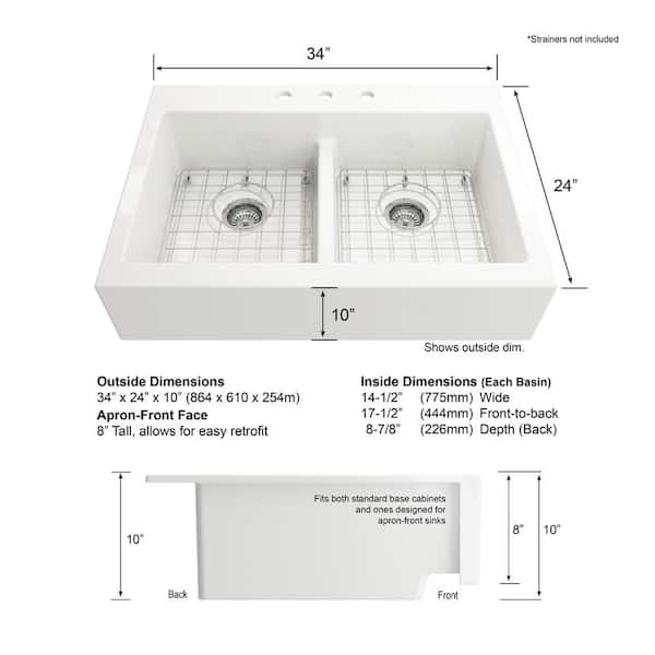 Farmhouse Apron-Front Fireclay 34 in. 3-Hole Double Bowl Kitchen Sink in White with Bottom Grid