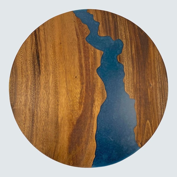 2 ft. L x 24 in. D UV Finished Saman Solid Wood Butcher Block Circular Countertop With Eased Edge and Blue Epoxy River