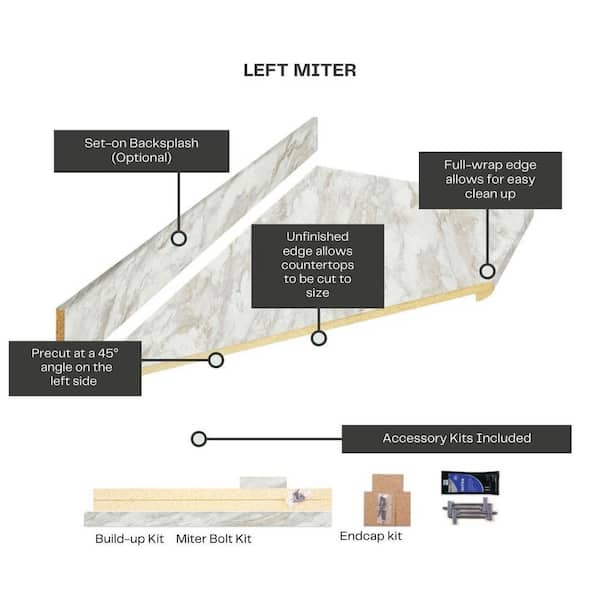 Wilsonart 8 ft. Left Miter Laminate Countertop Kit Included in Textured Drama Marble with Eased Edge and Backsplash
