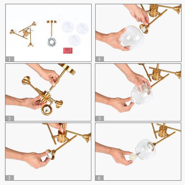 Modern Sputnik Ceiling Light 3-Light Electroplated Brass Semi-Flush Mount Light with Seeded Glass Shades