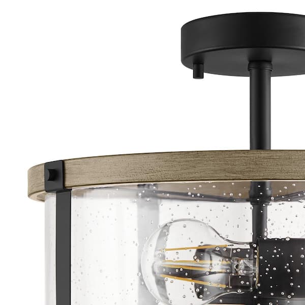 Richland 2-Light Grey Wood Semi Flush Mount Clear Seedy Glass