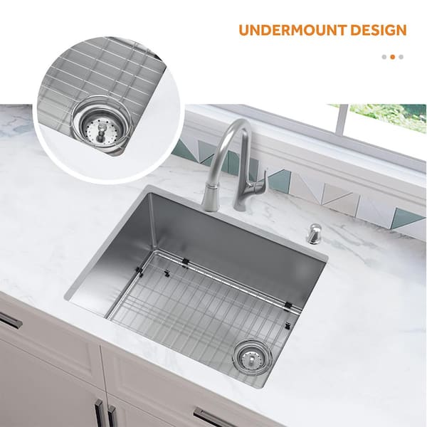 All-in-One Tight Radius Undermount 18G Stainless Steel 23 in. Single Bowl Kitchen Sink, Offset Drain, Pull-Down Faucet
