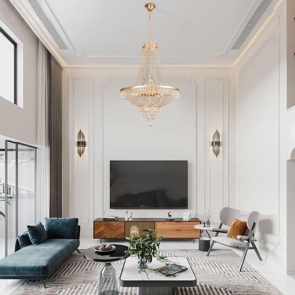 24 in. Gold 9-Light Luxury Raindrop Classic Empire Style Adjustable Chain Chandelier with Crystal Shade for Foyer