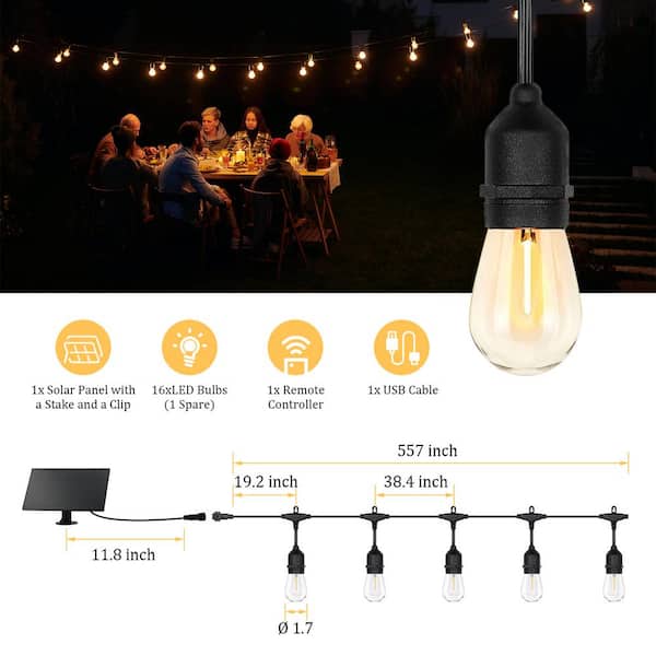 15 Bulbs 50 ft. Outdoor Solar LED Edison String-Light with Remote Control