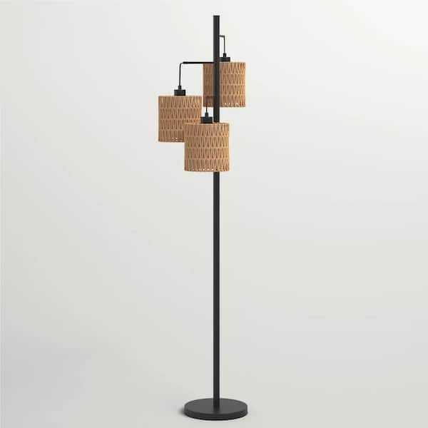 New York 65 in. H Black Farmhouse Tree Floor Lamp with 3 Natural Paper Rope Shades