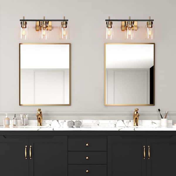 20 in. Modern 3-Light Brass Gold Bathroom Vanity Light, Black Bath Lighting with Cylinder Clear Glass Shades