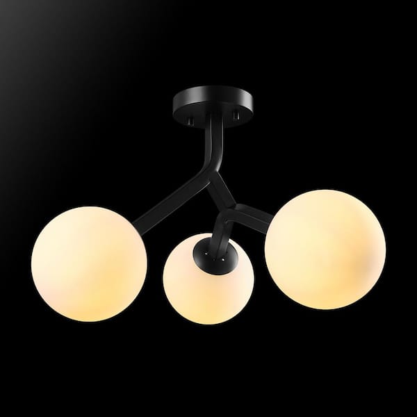 20 in. 3-Light Matte Black Modern Semi-Flush Mount with frosted glass shade and No Bulbs Included