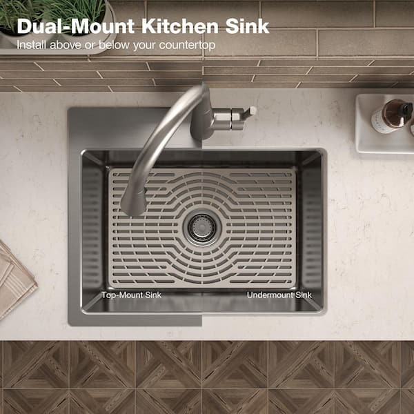 Cursiva Stainless Steel 27 in. Single Bowl Top-Mount/Undermount Kitchen Sink with Faucet