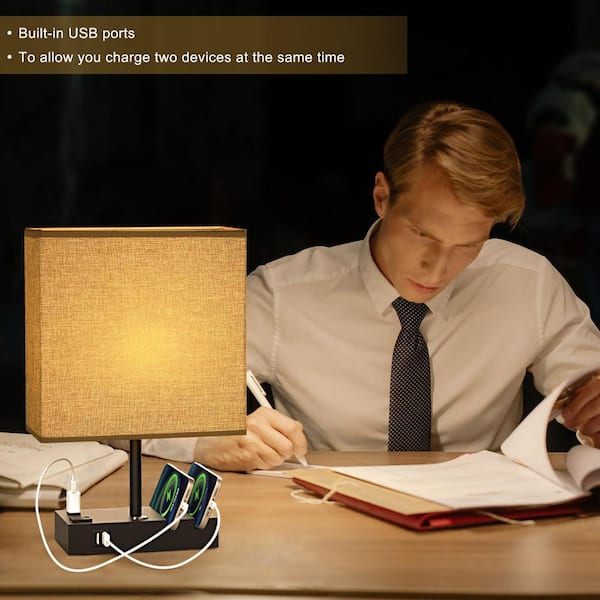 17 in. Grey Table Lamp with USB Port and Charging Dock