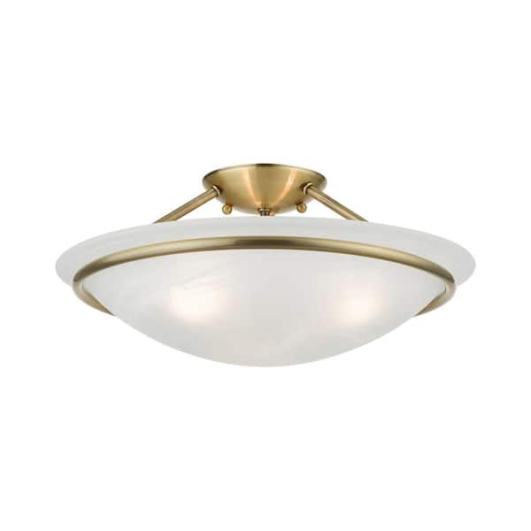 Newburgh 16 in. 3-Light Antique Brass Semi-Flush Mount with White Alabaster Glass