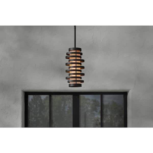 Clancy 13.25 in. 1-Light Textured Matte Black Hanging Outdoor Pendant Light with Etched Glass Shade