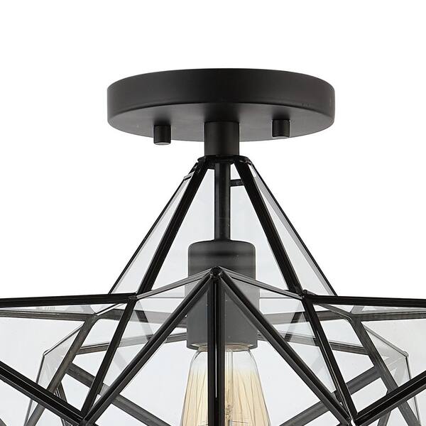 Ava 14.5 in. Black/Clear 1-Light Farmhouse Bohemian Iron/Glass LED Semi Flush Mount