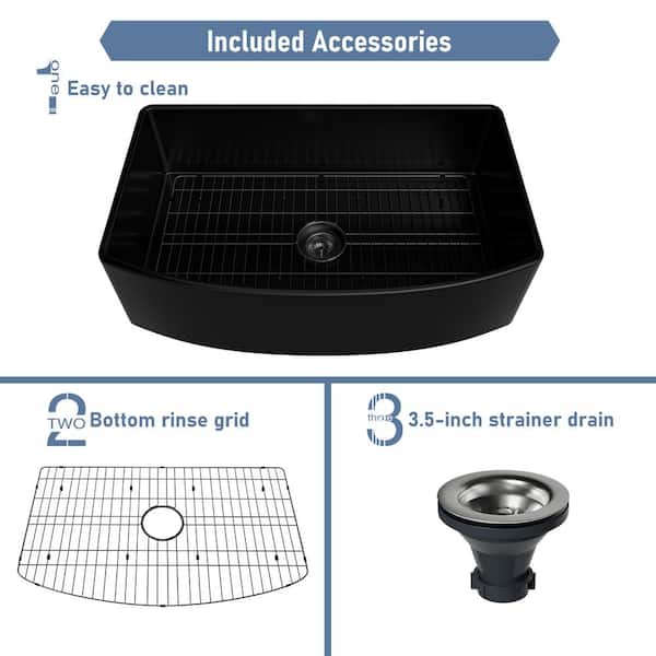 33 in. Farmhouse Apron Single Bowl Matte Black Fireclay Curved Design Kitchen Sink with Bottom Grid and Strainer