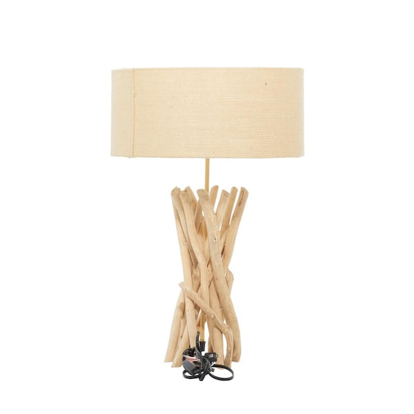 24 in. Light Brown Driftwood Handmade Task and Reading Table Lamp with Cream Linen Shade