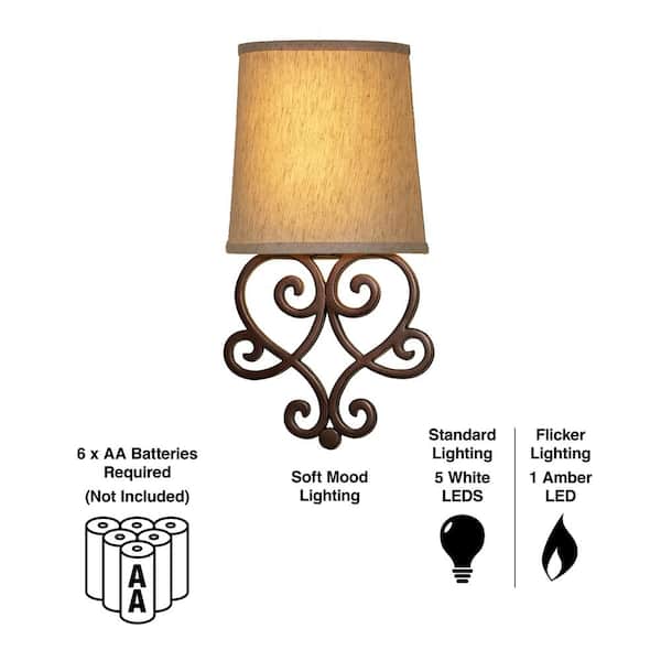 Heart Bronze Wall Scroll Integrated LED Battery Operated Indoor Wall Sconce With Tan Fleck Shade