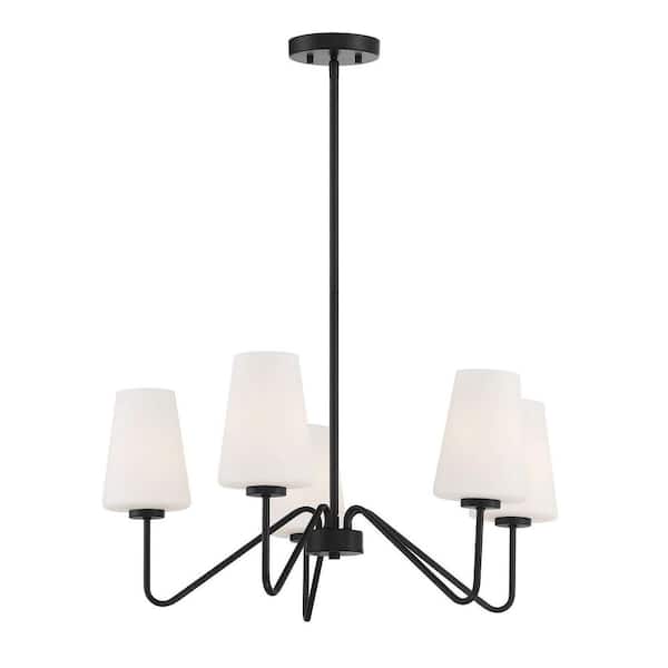 25.75 in. W x 12 in. H 5-Light Matte Black Chandelier with Conical White Glass Shades