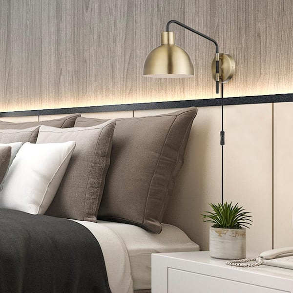 Dimitri 1-Light Antique Brass Plug-In or Hardwire Wall Sconce with In-Line On/Off Switch