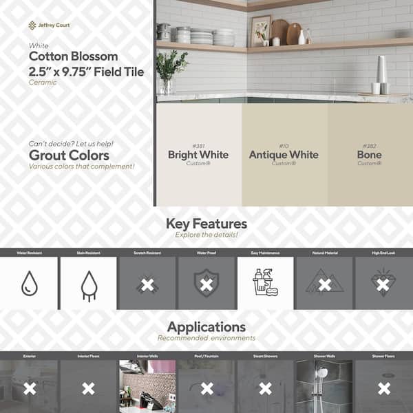 Cotton Blossom White 2.5 in. x 9.75 in. Glossy Textured Ceramic Wall Tile (5.38 sq. ft./Case)