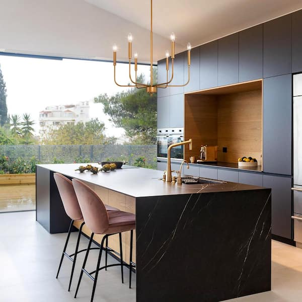 Modern Dark Gold Kitchen Linear Chandelier, 6-Light Farmhouse Antique Candlestick Ding Room Pendant Light Fixture