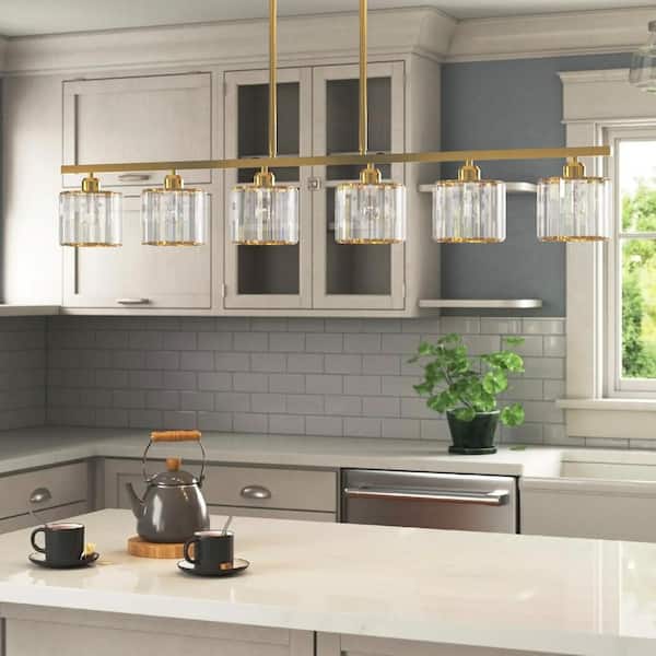 Mordern 6-Light Gold Kitchen Island Linear Rectangle Chandelier with Clear Glass Shades