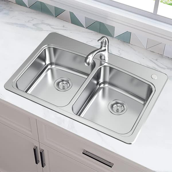 All-in-1-Drop-In Stainless Steel 33 in. 2-Hole 50/50 Double Bowl Kitchen Sink with Pull-Out Faucet