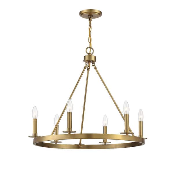 26 in. W x 22 in. H 6-Light Natural Brass Wagon Wheel Metal Chandelier with No Bulbs Included