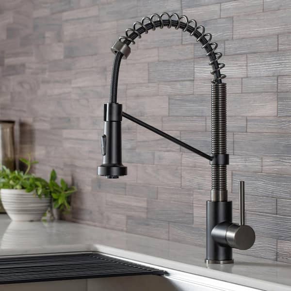 Single Handle 18-Inch Kitchen Faucet with Dual Function Pull-Down Sprayhead in Matte Black/Black Stainless Steel Finish