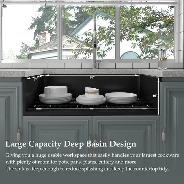 Black Fireclay 36 in. Single Bowl Farmhouse Apron Kitchen Sink with Bottom Grid and Basket Strainer