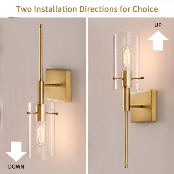 1-Light Gold Cylindrical Armed Sconce Set with Glass Shade (Set of 2)