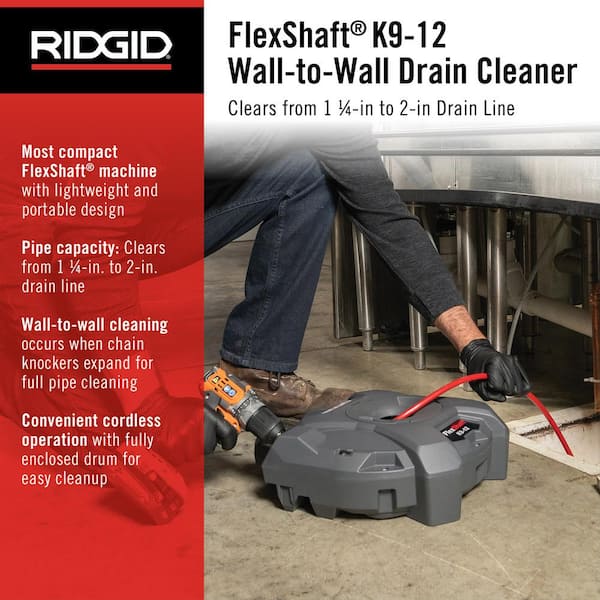 K9-12 FlexShaft Wall-to-Wall Drain Cleaner, 1/4 in. x 30 ft. Cleans 1-1/4 in. to 2 in. Pipes to Full Flow Capacity