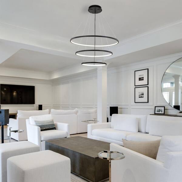 3-Light Dimmable Integrated LED Black Tiered Ring Chandelier with Leather Accent