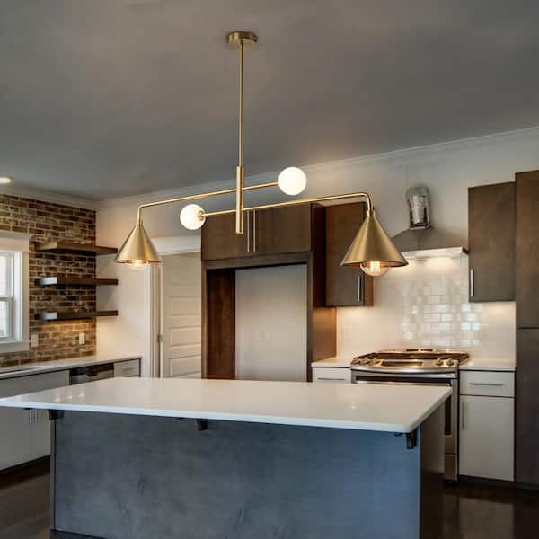 Hazel 4-Light Brass Modern Linear Island Chandelier with Glass Shades