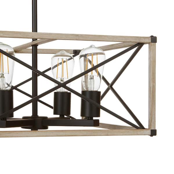 Madison Landing 4-Light Caged Matte Black Rectangular Pendant Hanging Light with Washed White Farmhouse Wood Accents