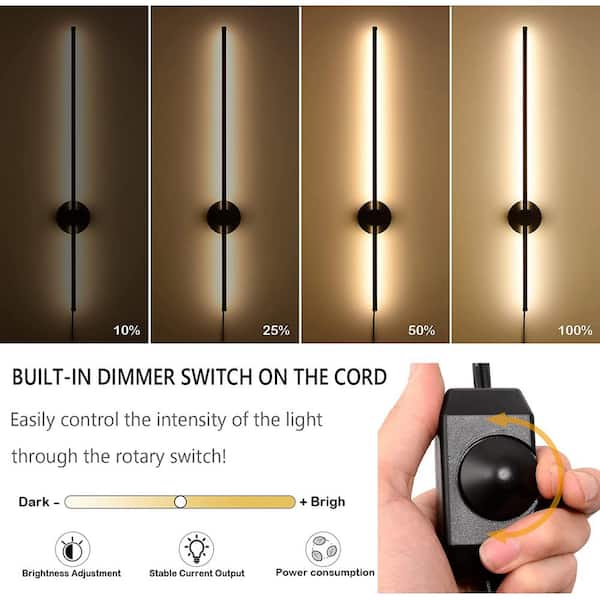 2 Light 39.4 in. W Set of 2 Dimmable LED Black Wall Lights Plug in Adjusted 180° Wall Sconce with On/Off Switch