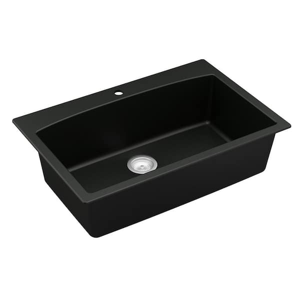Drop-In Quartz Composite 33 in. 1-Hole Single Bowl Kitchen Sink in Black