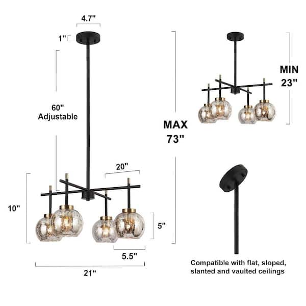 21 in. 4-Light Brass Island Pendant Light, Modern Farmhouse Black Sputnik Dining Room Chandelier with Mercury Glass