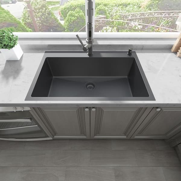 33 in. Drop-In Single Bowl 18-Gauge Black 304 stainless steel Workstation Kitchen Sink