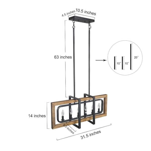6-Light Pine Wood Candlestick Chandelier with Black Steel Frame