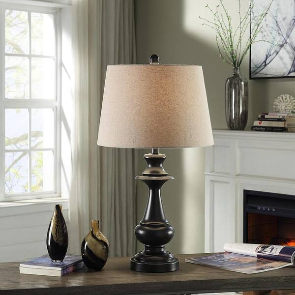 28 in. Bronze Table Lamp with Natural Linen Hardback Fabric Shade