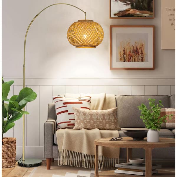 77 in. Antique Brass Gold 1-Light Arc Floor Lamp with Hand-Woven Bamboo Shade and Black Marble Base