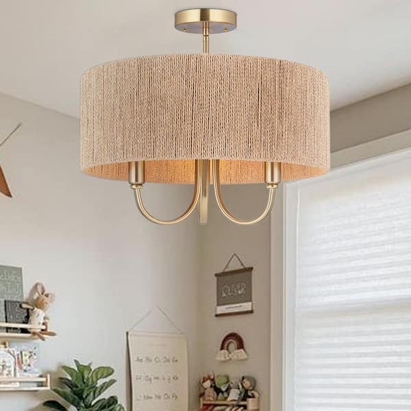 Collision 17.7 in. 3-Light Gold/Wood Semi-Flush Mount