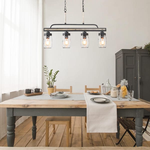 Modern Farmhouse Greyish Black 4-Light Linear Chandelier with Faux Wood Accent Island Pendant with Mason Jar Glass Shade