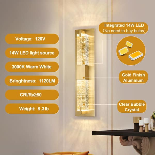 Modern 1-Light Gold Dimmable LED Wall Sconce Wall Lighting with Crystal Bubble Glass Shade