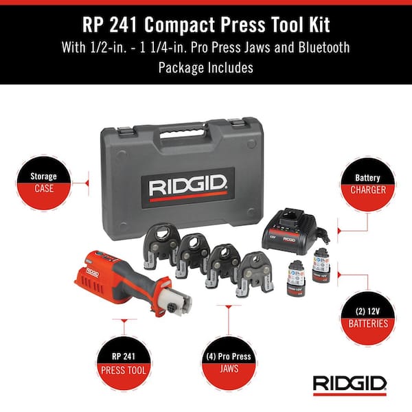 RP 241 Compact Inline Press Tool Kit Includes 4 ProPress Jaws (1/2, 3/4, 1, 1-1/4 in.), 2-12V Batteries, Charger + Case