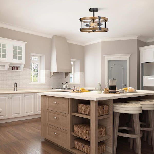 Drum Semi Flush Mount 2-Light Black Modern Bedroom Ceiling Lighting with Round Seedy Glass and Wood Grain Finish