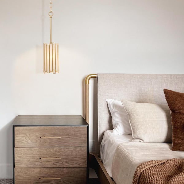 Modern Gold 1-Light Drum Pendant Light with Stained Glass Shade Cylinder Geometric Island Foyer Hanging Light