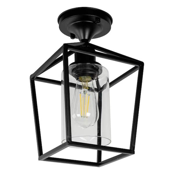 7 in. 1-Light Black Semi Flush Mount Ceiling Light,Farmhouse Retro Cage Kitchen Lighting Fixtures with Glass Shade