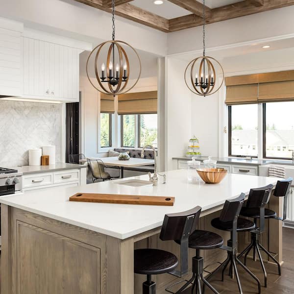 Farmhouse Black Chandelier Globe Cage Candlestick 4-Light Rustic Island Pendant Chandelier with Faux Wood Accent